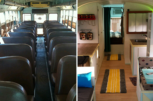 Kondisi di dalam bus sebelum direnovasi (kiri) dan sesudah di renovasi (kanan). Foto: inhabitots.com