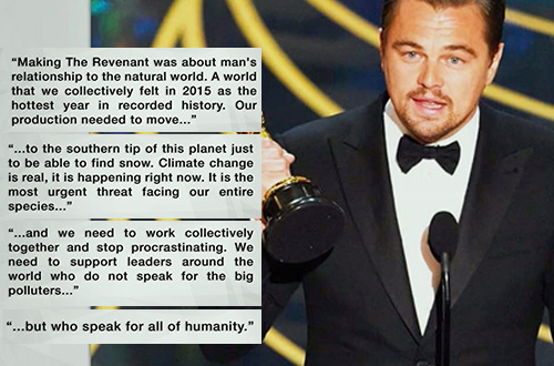 Leonardo DiCaprio menyuarakan isu perubahan iklim dalam pidato keberhasilannya meraih penghargaan sebagai Aktor Terbaik dalam ajang Oscar 2016. Gambar: YouTube
