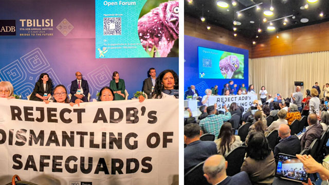 Koalisi masyarakat sipil mendesak Bank Pembangunan Asia (ADB) untuk berhenti mendanai proyek solusi iklim palsu. Foto: WALHI