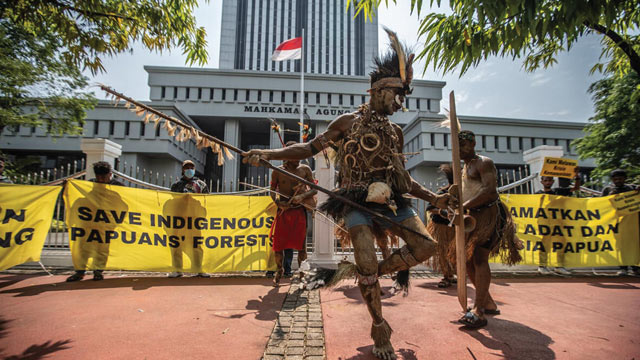 Pejuang lingkungan hidup dari suku Awyu dan suku Moi mendatangi gedung Mahkamah Agung. Foto: Greenpeace Indonesia