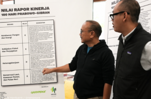 Greenpeace dan Celios memberikan rapor merah dan kritikan dalam 100 hari pemerintahan Prabowo Subianto-Gibran Rakabuming Raka. Foto: Greenpeace Indonesia
