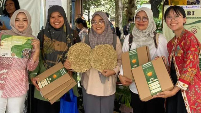 Mahasiswa UGM membuat mulsa organik dari eceng gondong dan limbah cangkang telur. Foto: Berita UGM