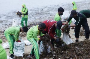 Pelajar SDIT Al Huda Bawean menemukan sampah saset era 1980-an. Foto: Ecoton