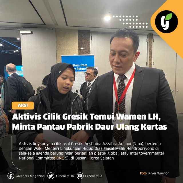 Dalam pertemuan tersebut, Nina menyampaikan surat dan foto-foto kerusakan lingkungan akibat daur ulang sampah impor, salah satunya di pabrik daur ulang kertas di Jawa Timur dan Banten. Ia menyampaikan keinginannya agar KLH memperkuat pengawasan terhadap industri kertas yang mendaur ulang sampah impor. Selain itu, ia juga meminta penelitian terkait kadar dioksin di lokasi pembakaran sampah impor, seperti di Kepanjen Malang dan Tropodo Sidoarjo.

“Pabrik daur ulang kertas impor di Jawa Timur masih membuang limbah ke sungai dan menimbulkan bau tidak sedap dan menyebabkan ikan mati massal. Butuh monitoring KLH agar limbah cair pabrik kertas tidak mencemari sungai,” papar Aeshnina kepada Wamen LH di Busan, Senin (25/11).

Detail mengenai hal ini dapat kamu baca di rubrik aksi www.greeners.co!

#aksi #aeshninaazzahra #aktivislingkungan #pabrikdaurulangkertas #perjanjianplastikglobal #INC5 #greeners #greenersco #beinformedandlovetheearth